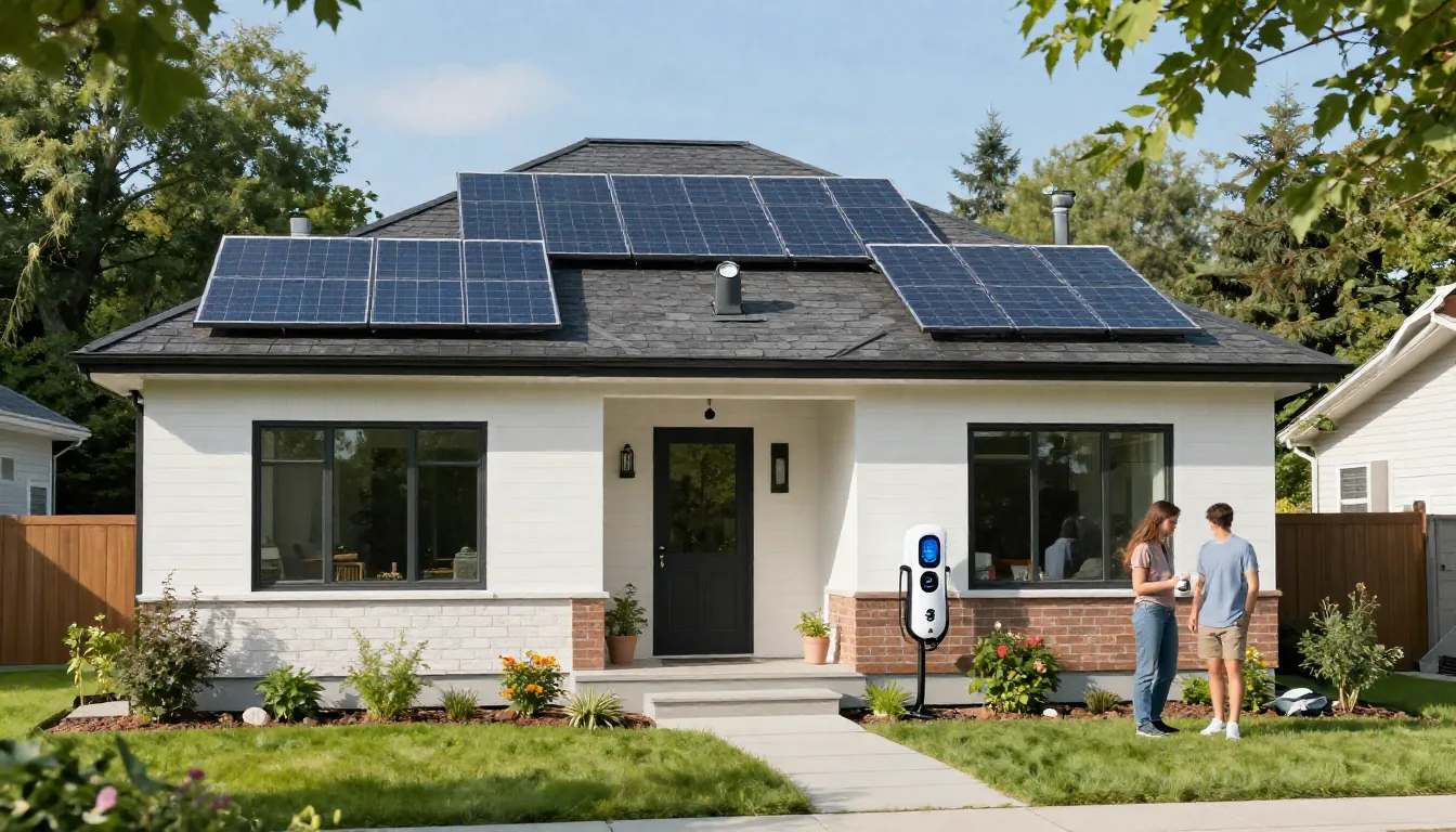 Maison canadienne rénovée et écoénergétique avec panneaux solaires sur le toit